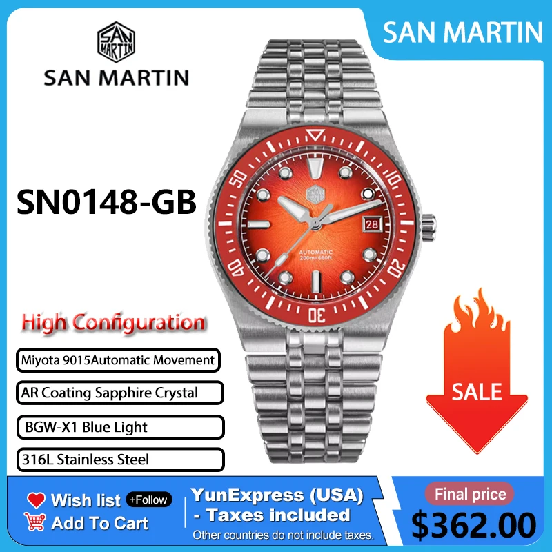 

Мужские дайверские часы San Martin SN0148GB, 40 мм, с эмалевым спиральным циферблатом, интегрированным браслетом, механизмом Miyota 9015, автоматические, механические, водонепроницаемые, 200 м