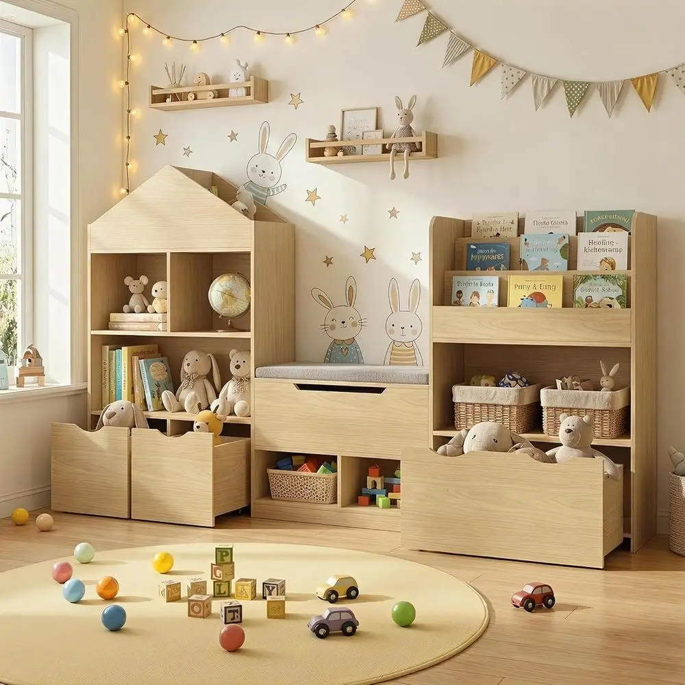 

72 Natural Toddler Bookcase with Storage and Bench, 3-in-1 Reading Nook for Playroom