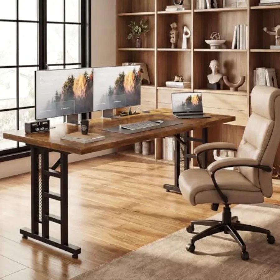 Executive computer desk with outlets for office use, made of engineered wood in matte black finish, featuring built-in power ou