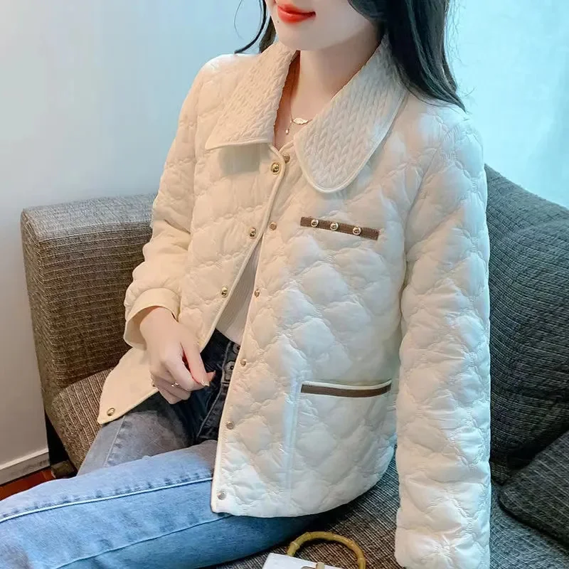 2026 New Light Cotton Coat Autumn Winter White Cotton-Padded Jacket Women's Tops Fashion Pocket Diamond Casual Coats Female 2