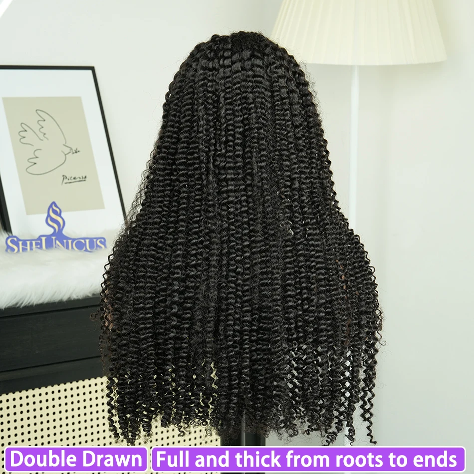 Double Drawn Kinky Curly 13x4 HD Lace Frontal Wigs Human Hair #1B Natural Color Preplucked Hairline Bleached Knots Wig For Women
