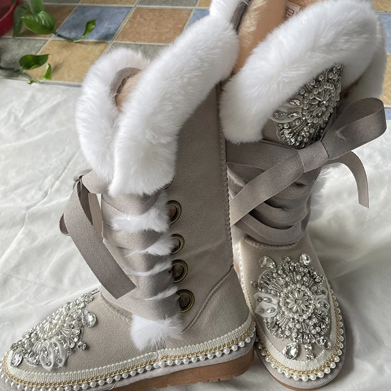 New Warm Snow Boots Women Real Fur Rhinestone Ankle Boots Women Genuine Leather Botines Mujer Winter Shoes Women Botas de mujer