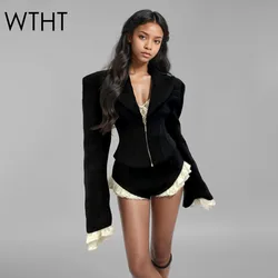 WTHT New Fashion Women's 2025 Spring Suits Lapel Spliced Wrinkled Edge Woolen Blazer High Waist Short Pants Set Female 1LS645