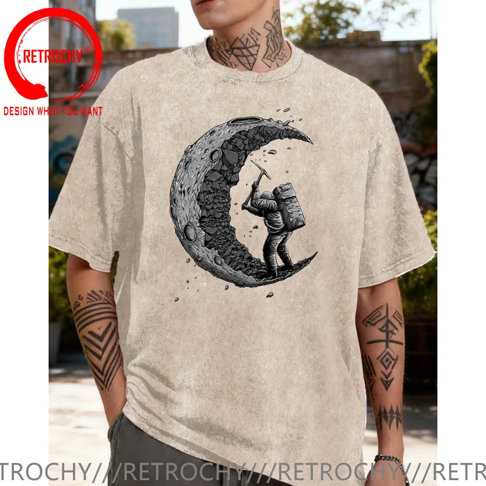 Vintage Washed Cotton T-Shirt Retro Digging The Moon T Shirt Men Fashion Casual Streetwear T-shirt Stylish Leisure Top Tee Shirt