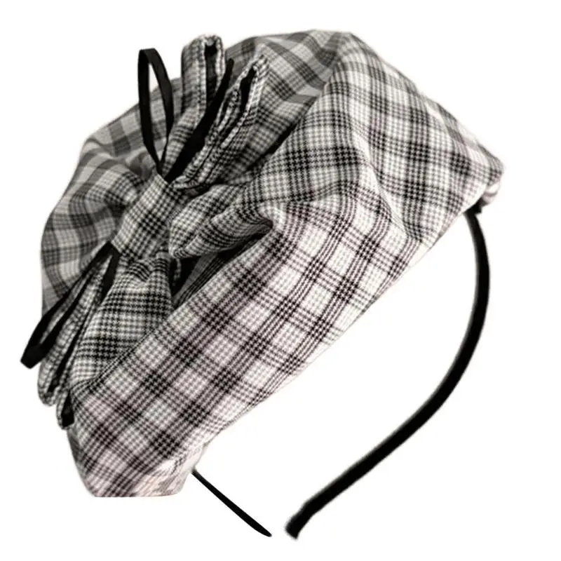 

A52E French Plaids Bowtie Hairhoop Fascinator Costume Headband Dancing Party Headpiece