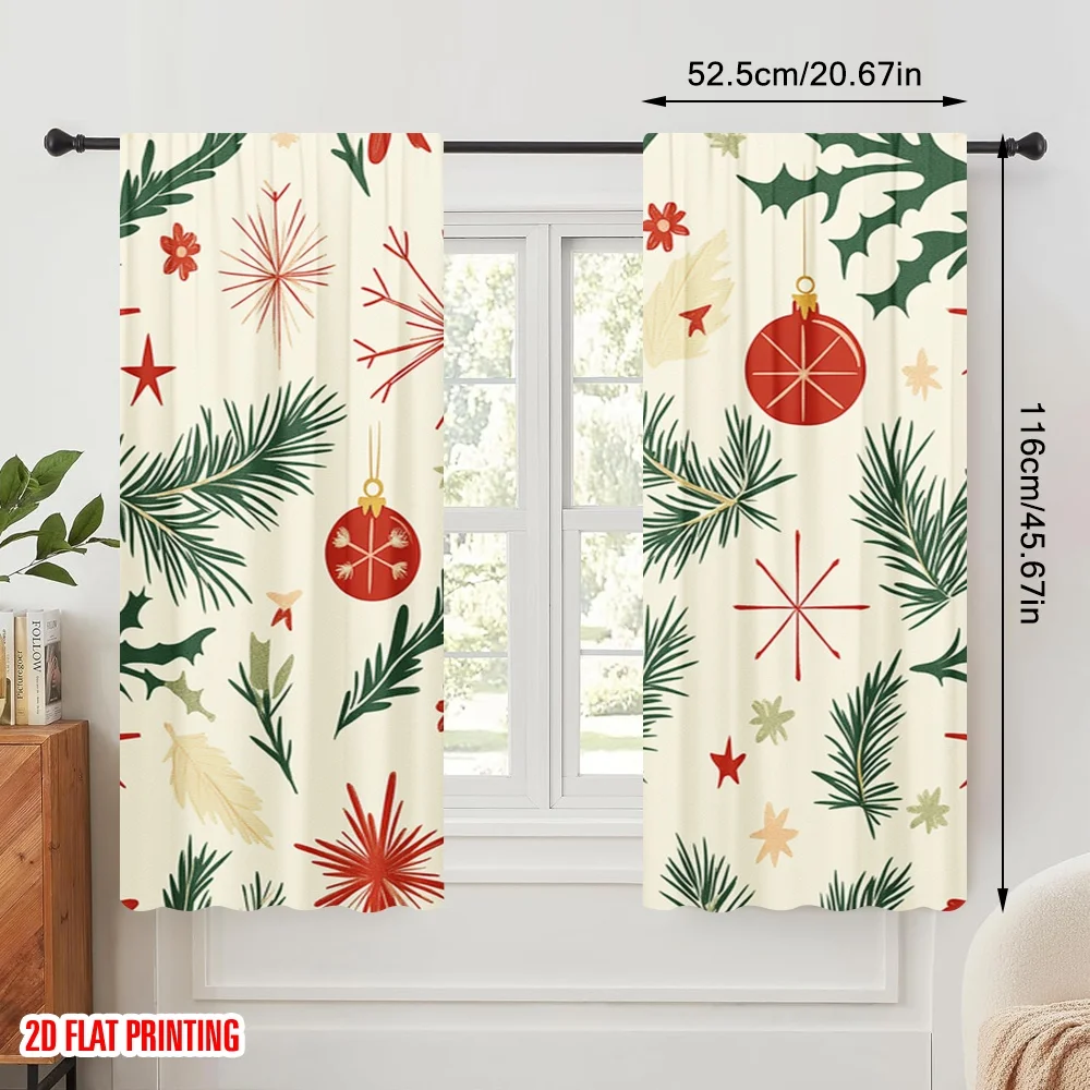 2pcs,2D plane printing Curtains Digital Printed Christmas Baubles Pine Branches Stars (4) 100% Polyester (without rod) All