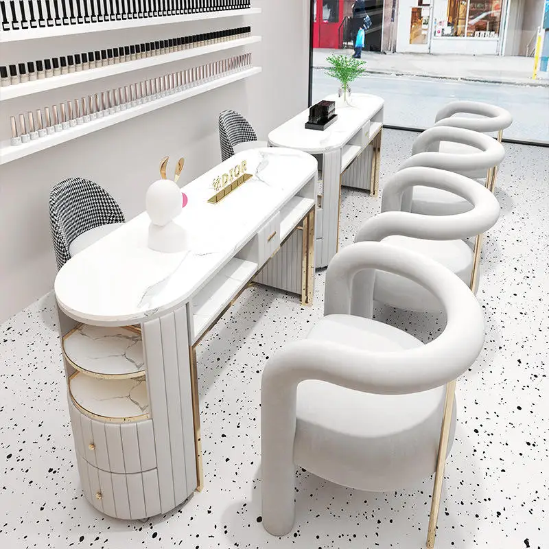 #Trendy Modern White Emerald Green Salon Nail Studio Manicure Stainless Steel Marble Table Chair Set
