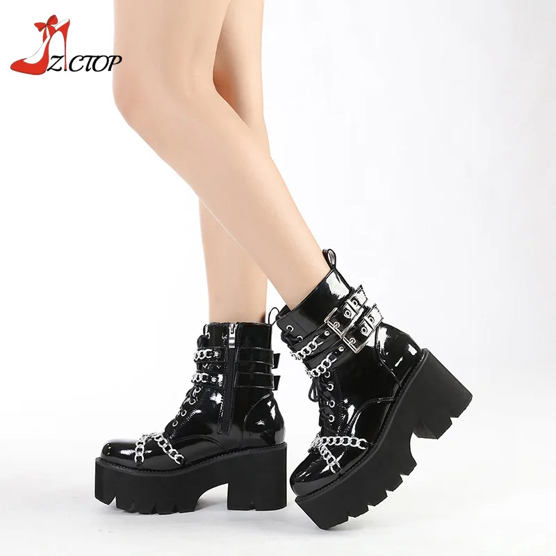 

Black Platform Boots for Women Chunky High Heels Ankle Boots Lace Up Metal Chain Gothic Punk Shoes Plus Size 42 43