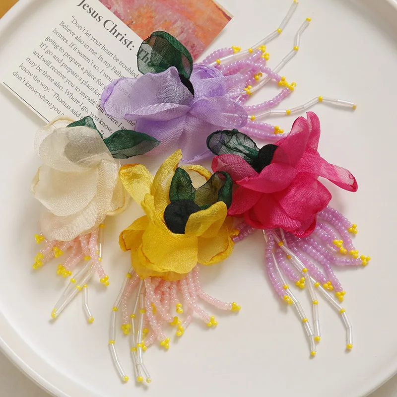 Clog Charms 1 Piece Handmade Crystal Beaded Flower Tassel Tulle Decor Korean Sweet Princess Cute Sparkly Shoe Accessory
