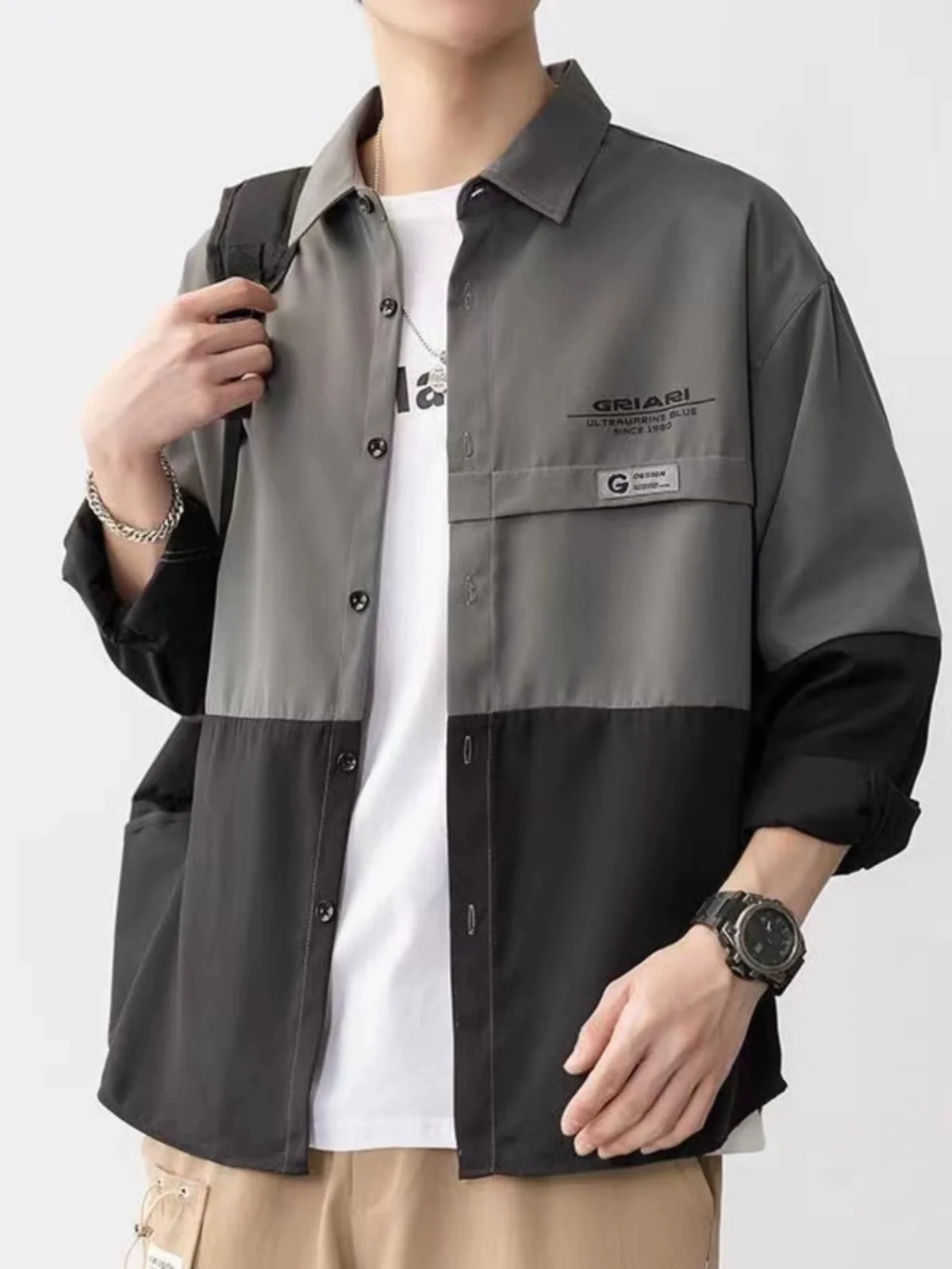 

Мужская свободная повседневная рубашка с длинным рукавом, контрастными цветовыми блоками, трендовая, в корейском стиле, весна-осень 2024