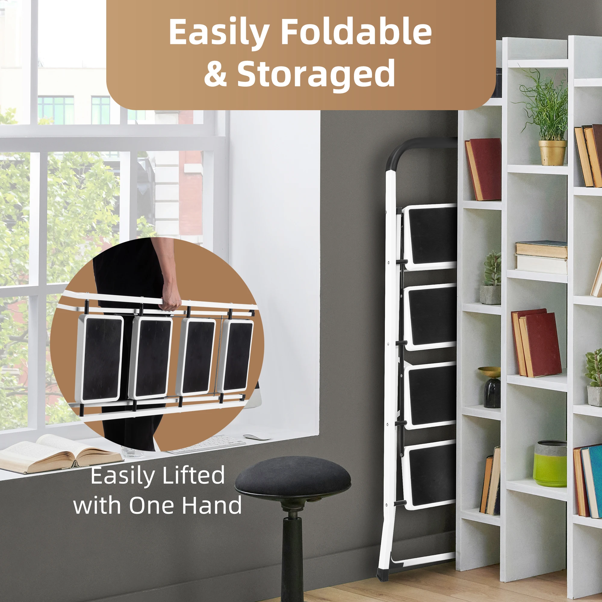 سلم Deli ذو 4 خطوات قابل للطي، مقعد محمول خفيف الوزن مع قبضة يد، سعة 330 رطل للخزانة والمطبخ والمكتب والمنزل