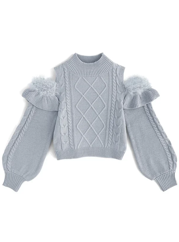 اليابانية الحلو أنيقة الياقة المدورة أفخم كشكش الربط خارج الكتف كم طويل عادية منقوشة محبوك القمم سترة المرأة الشتاء