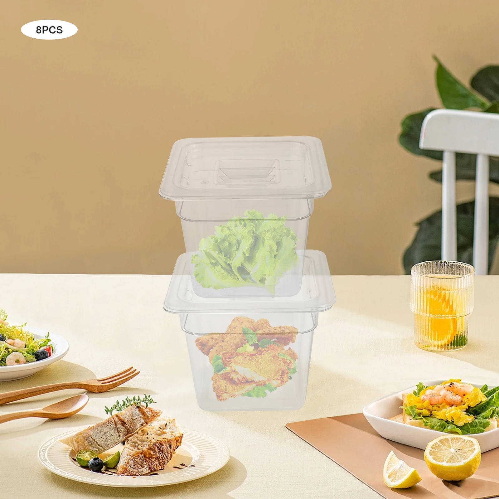 

Pack of 8 Clear 1/6 Size, 6'' Deep Food Pan PC Square Food Storage Containers with Lids for Kitchen Restaurant Food Prep