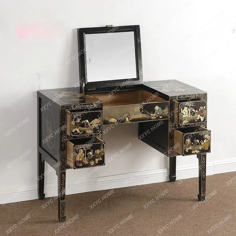 XXNew Chinese dresser hand-painted gold-painted black paint dresser solid wood storage clamshell classical furniture