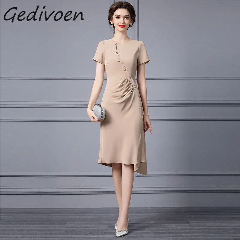 

Gedivoen Summer Fashion Runway Elegant Temperament Dress Women O-Neck Single Breasted Ruched High Waist Irregularity Midi Dress