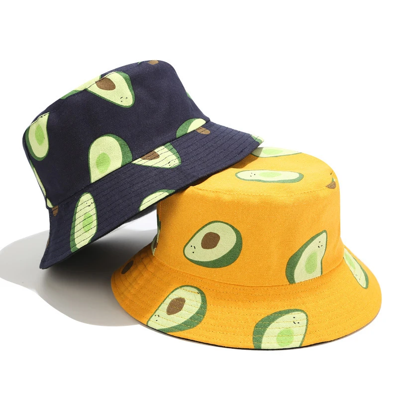 Women's Reversible Avocado Print Bucket Hat, Cartoon Cotton Sun Cap for Summer Beach Travel