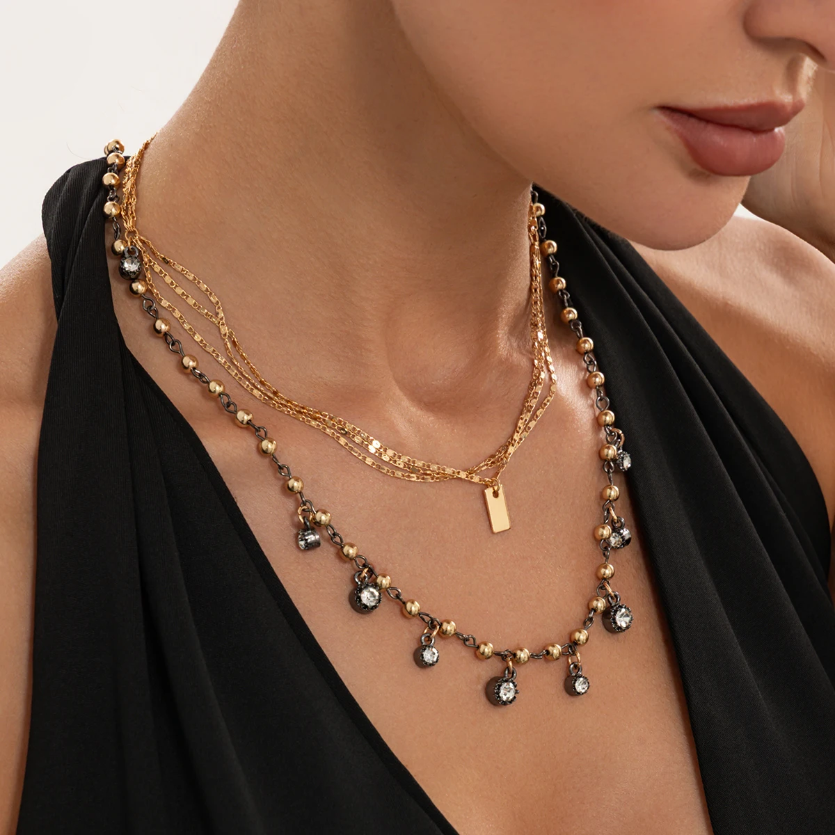 SHIXIN 2Pcs/Set Luxury Shiny Glass Rhinestone Pendant Necklace Women Fashion Gold Color Clavicle Chain Jewelry Accessories Gifts
