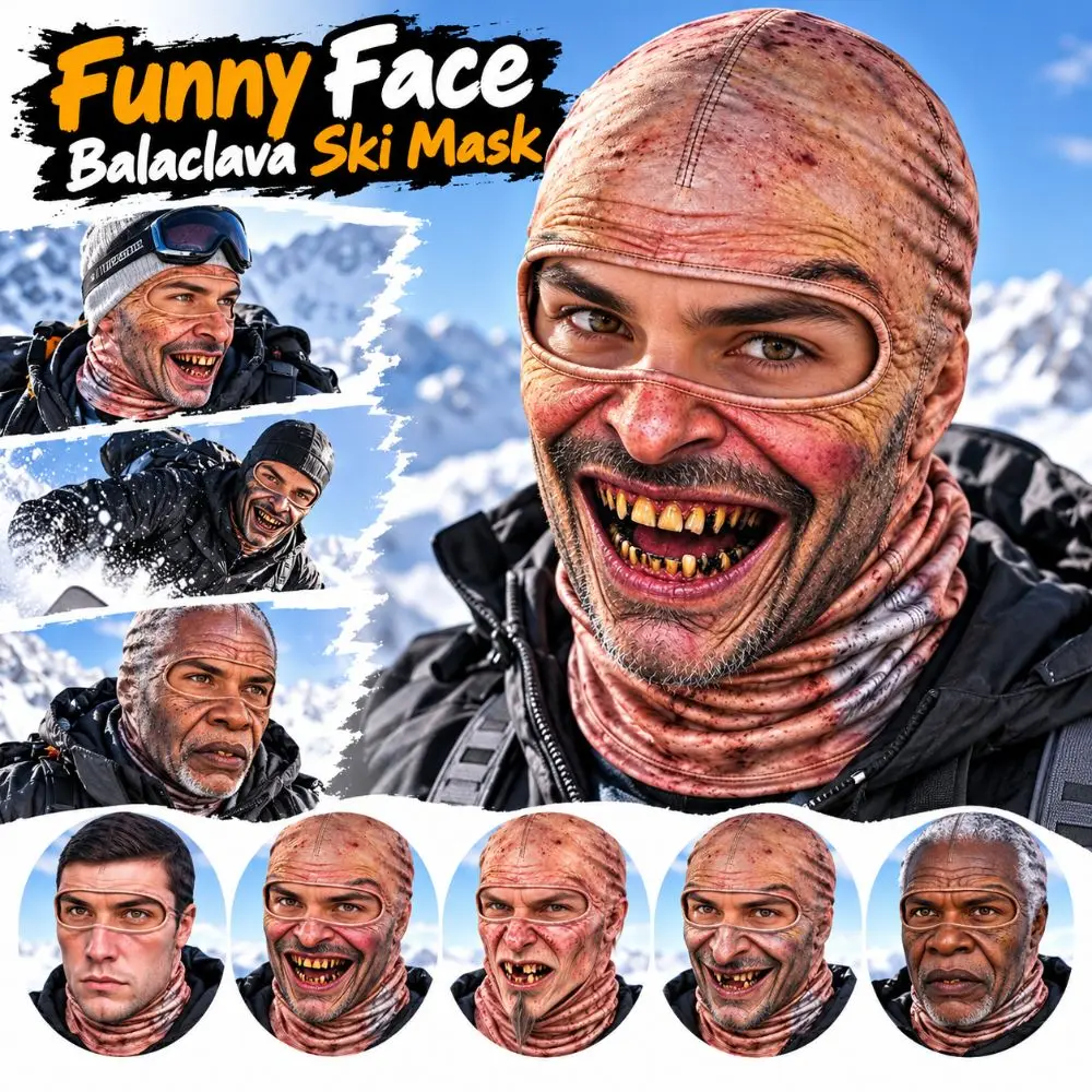 3D Face Printed Old Man Balaclava Face Mask Full Coverage White Mustache Winter Mask Cover Breathable Eye Hole Stretch