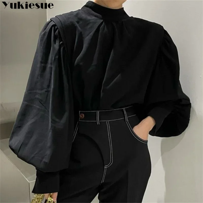 2023 Autumn Vintage New Style Women\'s Elegant Blouse Fashion Round Collar Lantern Sleeve Button Female Korean Edition Shirt