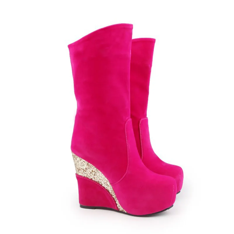 

Модные ботинки до середины икры на танкетке и высоком каблуке, женские короткие ботильоны на толстой платформе с блестящим каблуком для ночного клуба ярких цветов Botas WSH5397