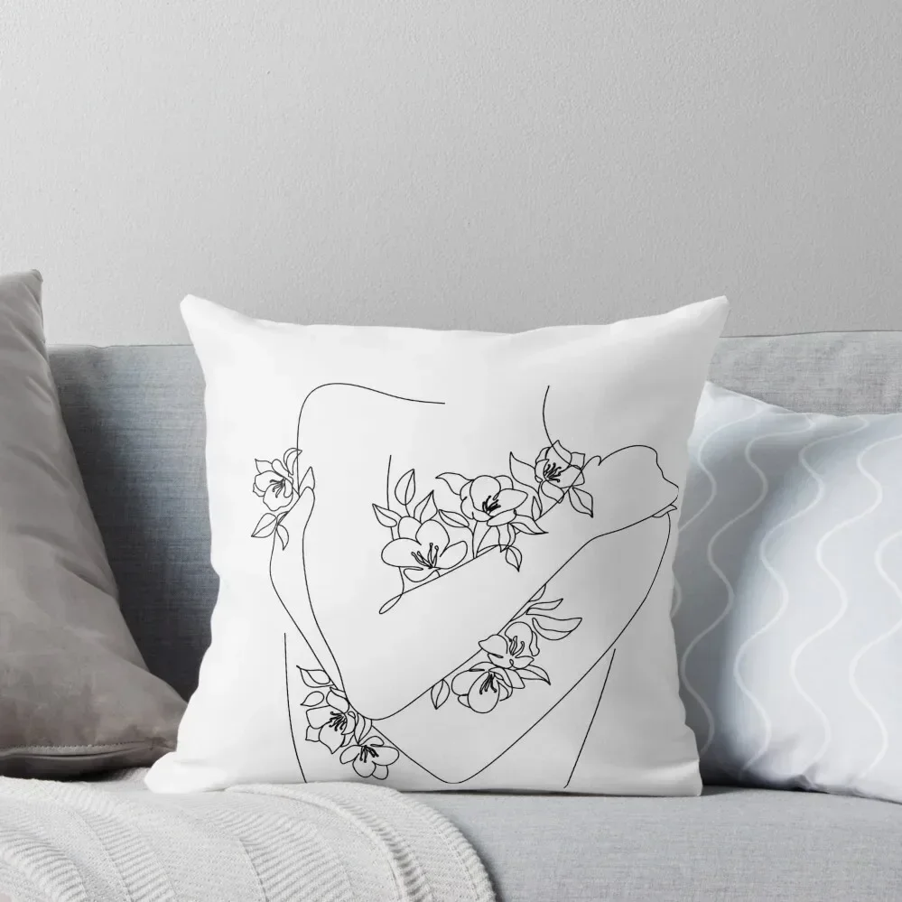 Self love. woman hugs herself, flowers grow out Line Art Print. Woman With Flowers. Nude Line Art. Throw Pillow Cushions pillow