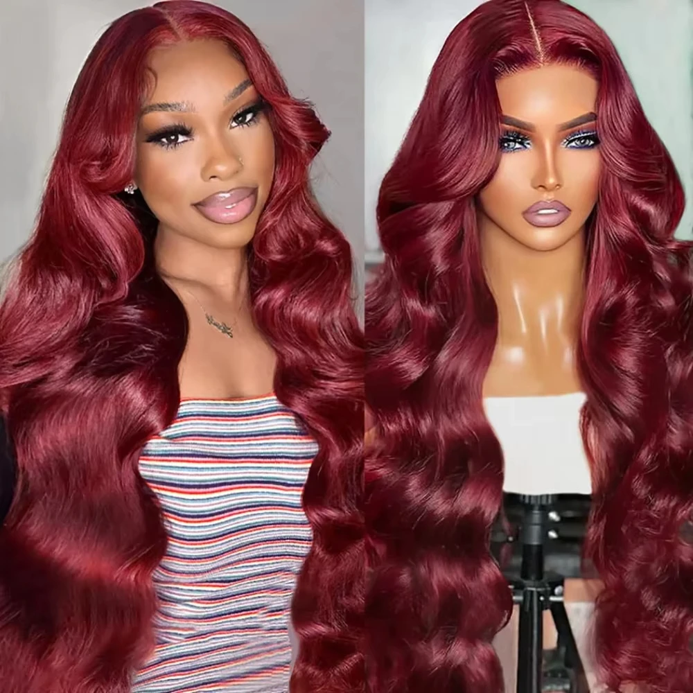 99J Wig Rambut Manusia Renda Depan 13X6 Gelombang Tubuh 200 Kepadatan Telah Dipetik Berwarna Merah Marun 13X4 Hd Wig Renda Depan untuk Wanita