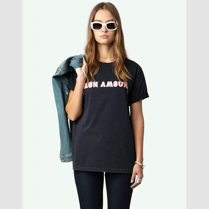 

25. летняя новая французская ниша ZV наклейка с надписью вышивка стирка вода жареного цвета старая хлопковая женская футболка с короткими рукавами