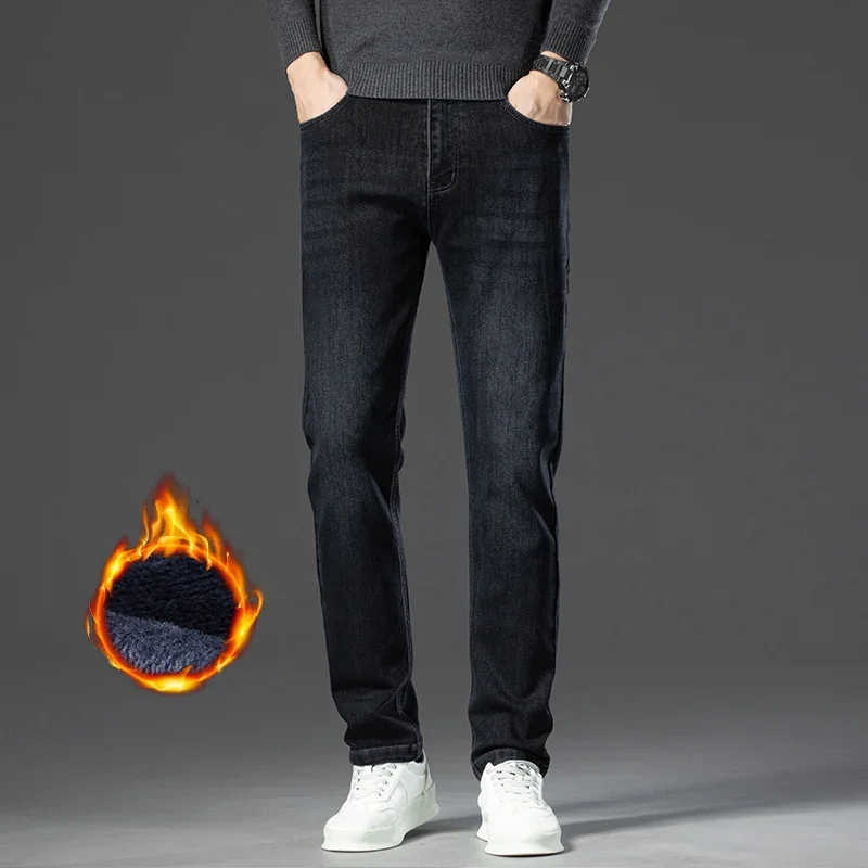 Winter Männlichen Gerade Stretch Fleece Jeans Gedruckt Warme Samt Hosen Business Casual Dicken Plüsch Denim Mode Marke Hosen