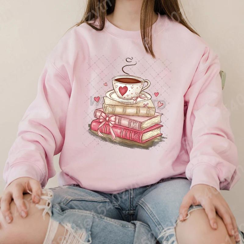 Women Fashion Creative Tops Valentine's Day Book Coffee Print Pullovers Pure Color Autumn Winter Long Sleeve Hoodless Sweatshirt