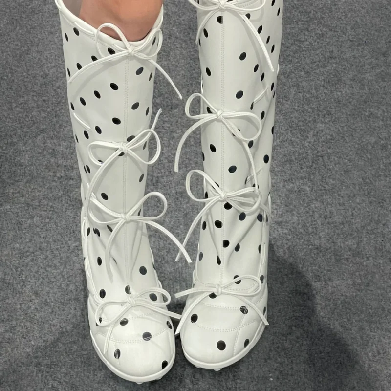 Butterfly-knot Shoes for Womens Round Toes Kitten Heels Sewing Lines Female Mid Calf Boots Dots Ladies Botas Mixed Colors Femme