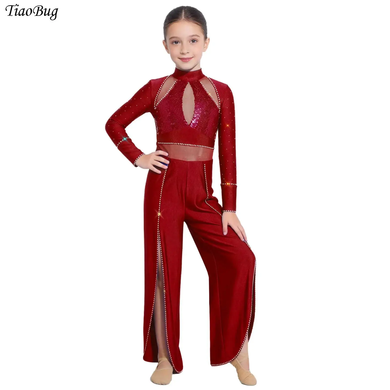 

Kid Girls Rhythmic Figure Skating Gymnastics Jumpsuit Rhinestones Ballet Lyrical Dance Bodysuit Sequin Mesh Split Wide Leg Pants