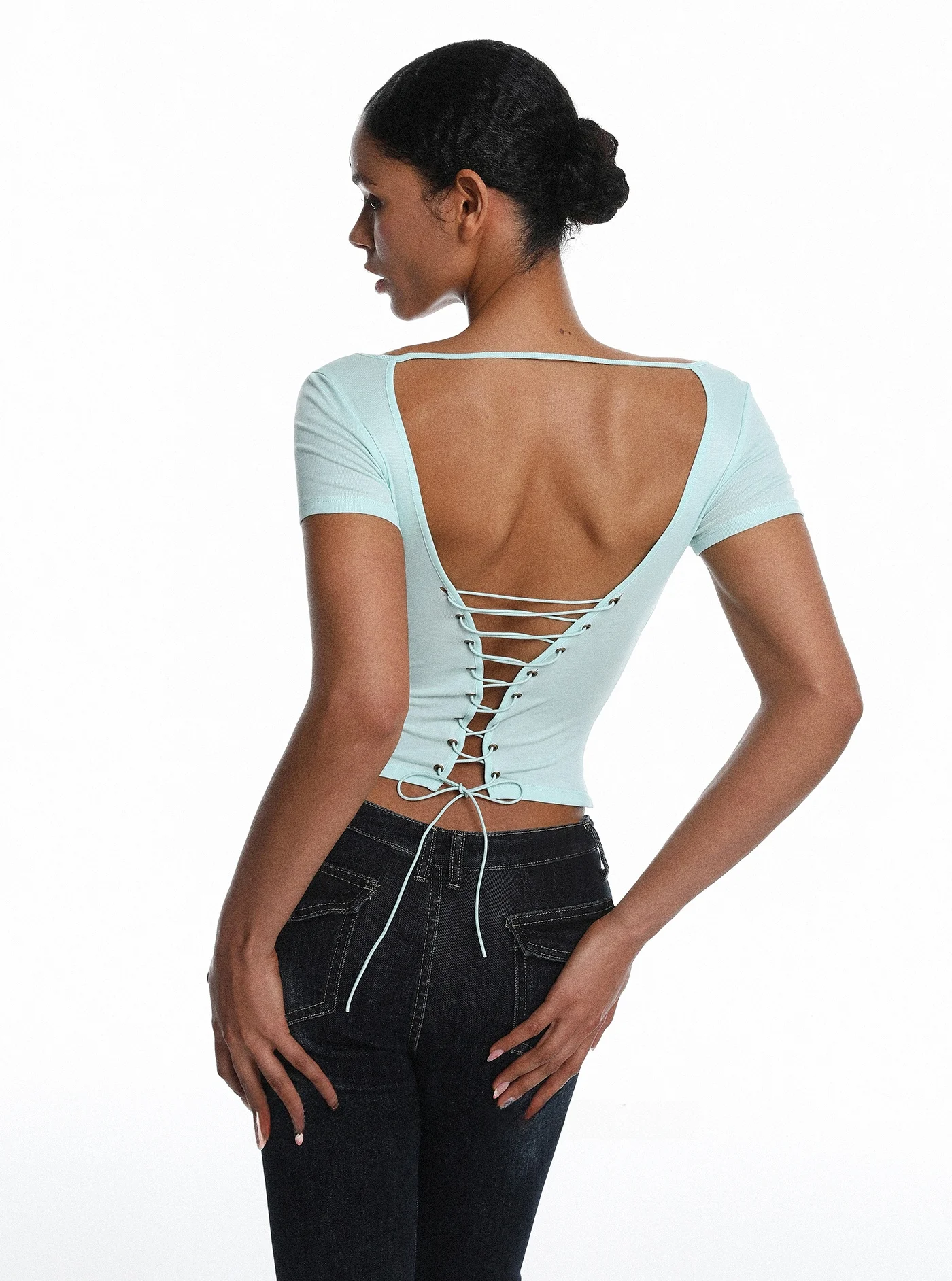 

Deep Blue Slim Fit Nine-Tenths Jeans with Belt Short Sleeve Sexy Girl Trendy Set High Waist Pure Color Spring Season