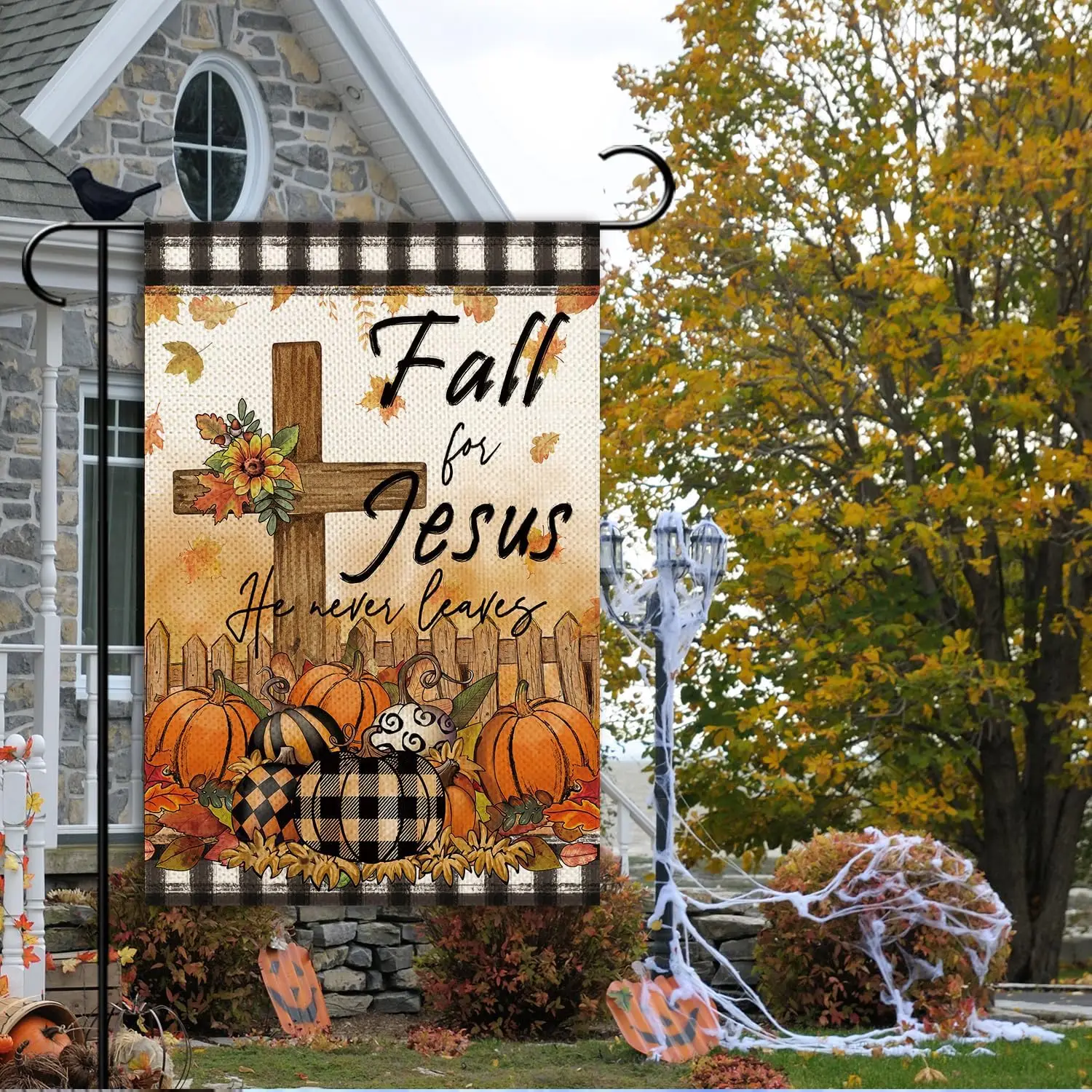 Fall for Jesus He Never Leaves Garden Flag Pumpkin Cross Small Flag double sided Seasonal Burlap Farmhouse Decor 12.5x18 Inc yyi