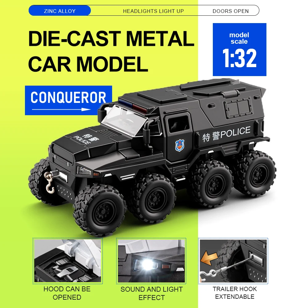 

1:32 Conqueror Sabertooth Armored Car Model Toys Alloy Diecast Pull Back Sound Light Exquisite Off-road Vehicle for Boys Gifts