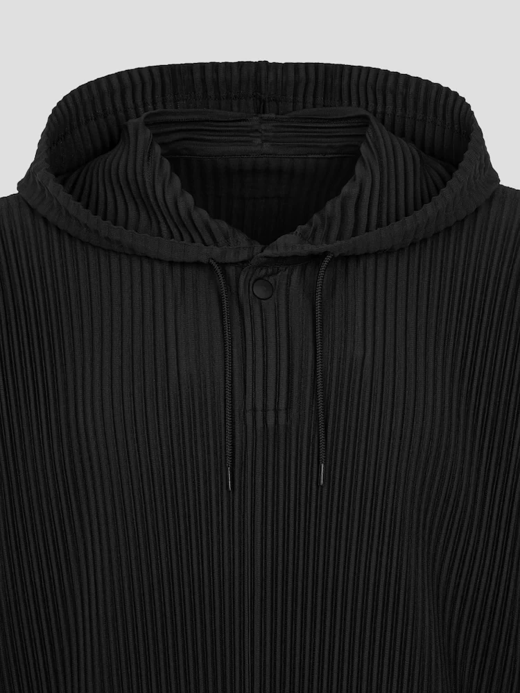 Miyake Pleated Men Black Sweatshirt Three Quarter Sleeve Hoodie With Big Pockets Breathable Loose Drawstring Casual Top