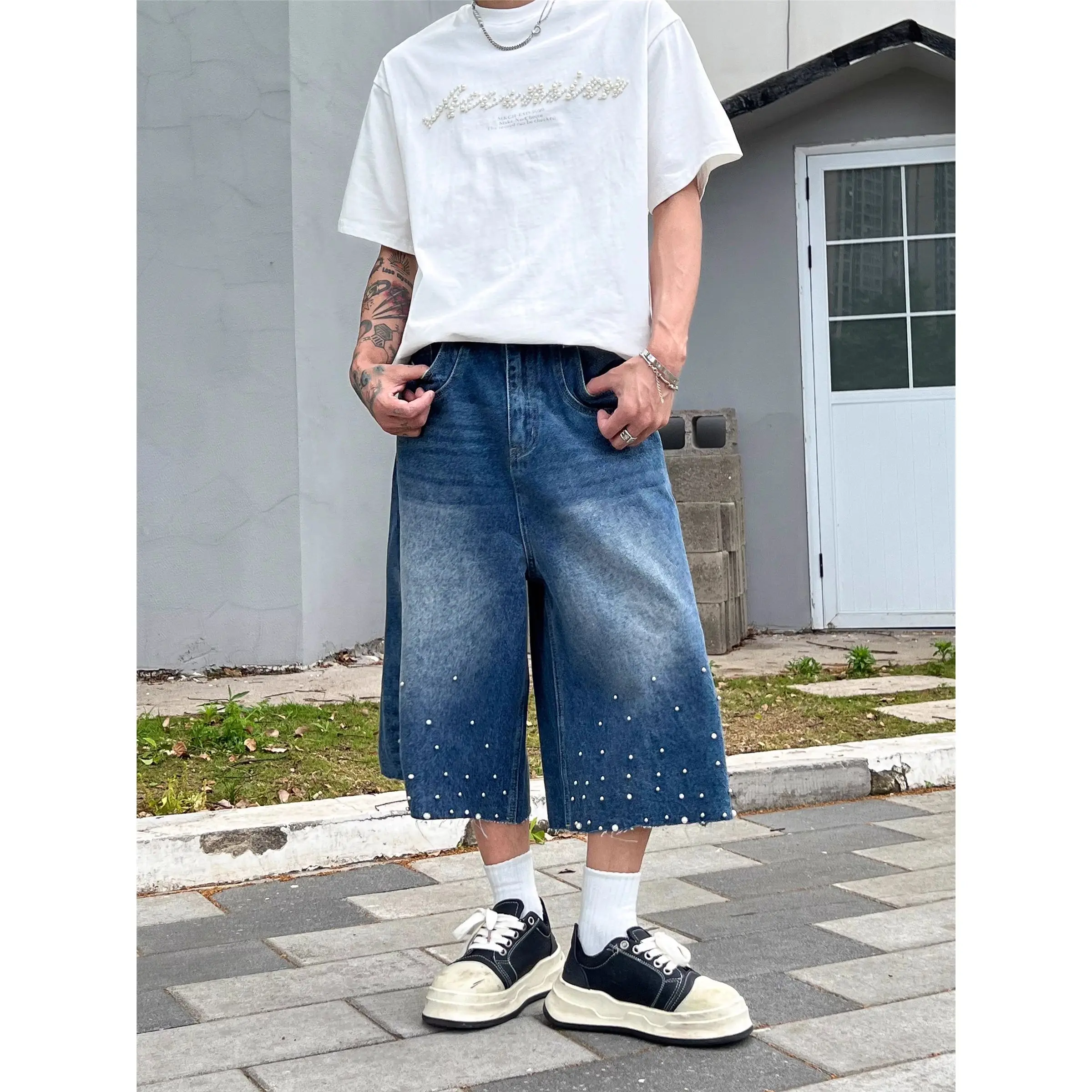 Men's Fashion Decoration Denim Shorts Vintage Wide Leg Cropped Pants Summer Boy Casual Bottom Male High Waist Half Trousers