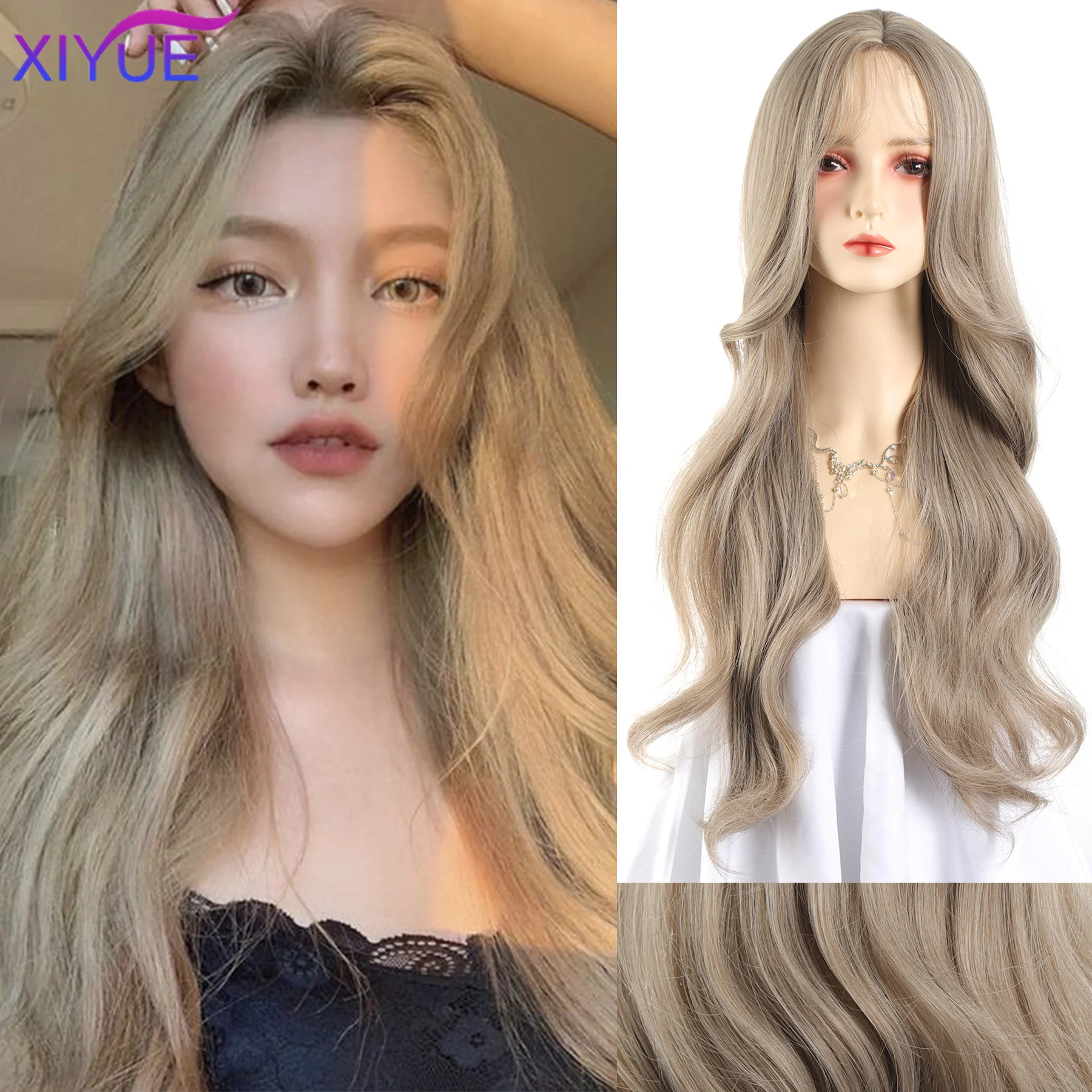 XIYUE Lace Front Wig Long Wavy Synthetic Beige gray Wigs with Bangs for Women Deep Wave Blonde Hairs Cosplay Party Daily Use ﻿