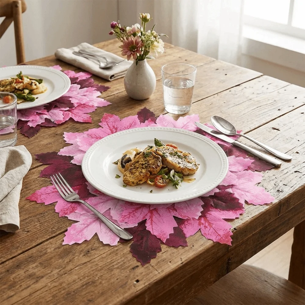 Absorbent Simulated Maple Leaf Meal Mat Quick Dry Flocked Fabric Thanksgiving Decorative Placemat Heat-resistant
