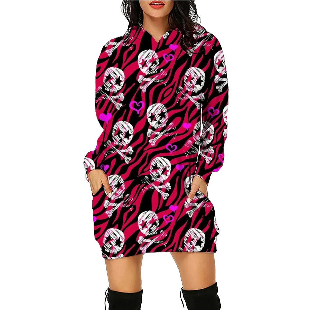 Halloween Colorflu Skull Printed Hoodie Dress Women's Daily Workout Hoodies Long Sleeve Pullover Autumn Winter Loose Tee Vestido