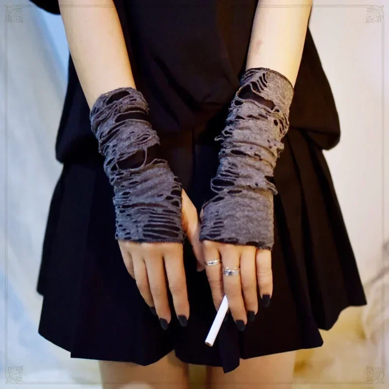 Gothic Black Fingerless Long Gloves Punk Hole Half-finger Glove Arm Warmer Beggar Cosplay Halloween Costume Accessories HOT