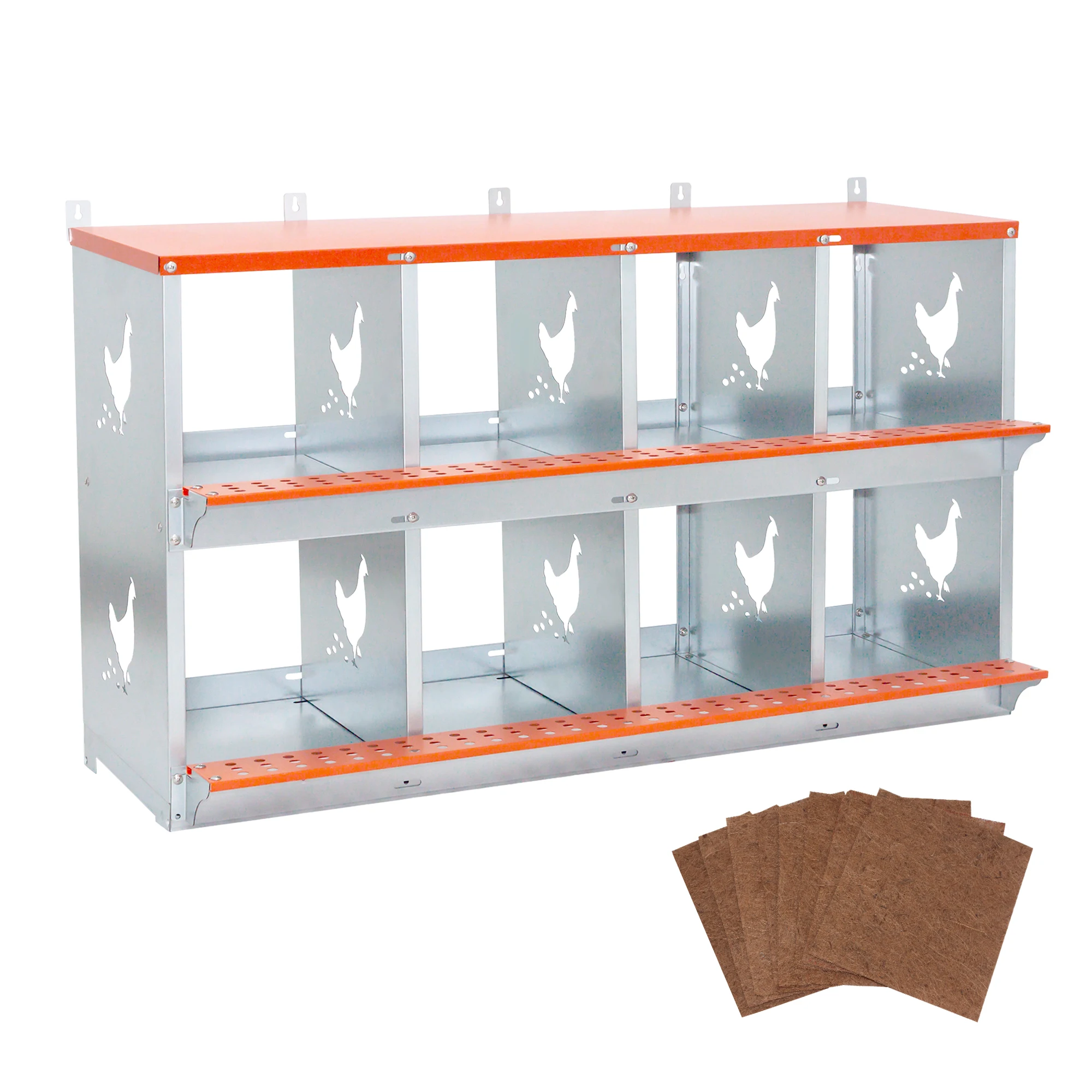 8 Bay Wall Mount Galvanized Steel Chicken Nesting Box Vented Egg Laying Coop with Easy Collection for Hens Ducks Orange