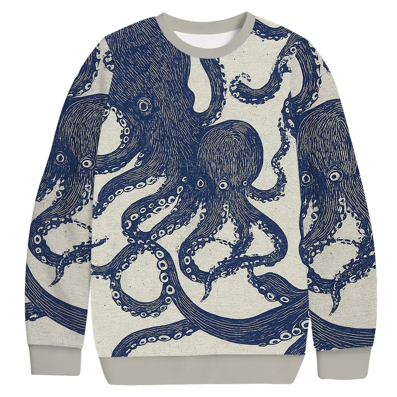Retro Octopus Full Print 3D Breathable Thin Velvet Adult, Male, Female, Children Couple Family Casual Hoodie Gift for Friends