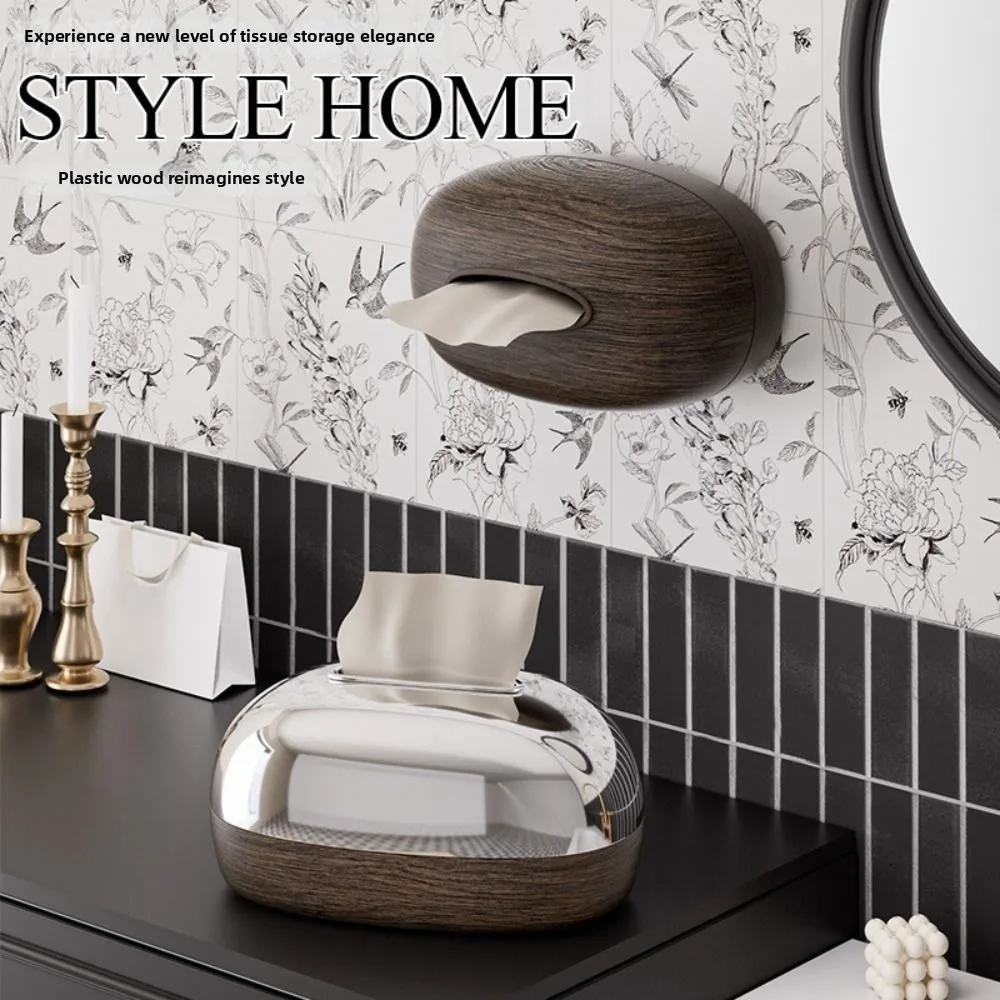 Plastic Tissue Storage Box Retro Wood Grain Paper Towel Case with Spring Multi-functional Decorative Paper Dispenser