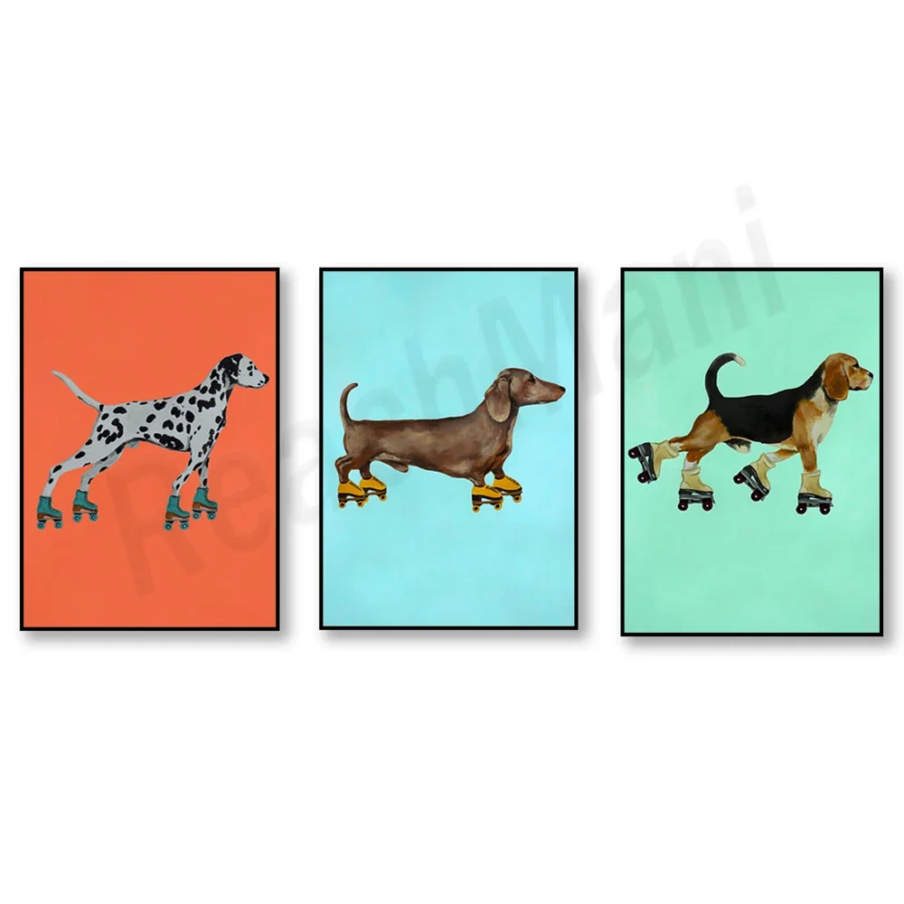 Dachshund Skater, Beagle Skater, Dalmatian Skater, Funny Animal Dog Skate Art, Beagle Gift, Vintage Dog Pattern Wall Home Decor