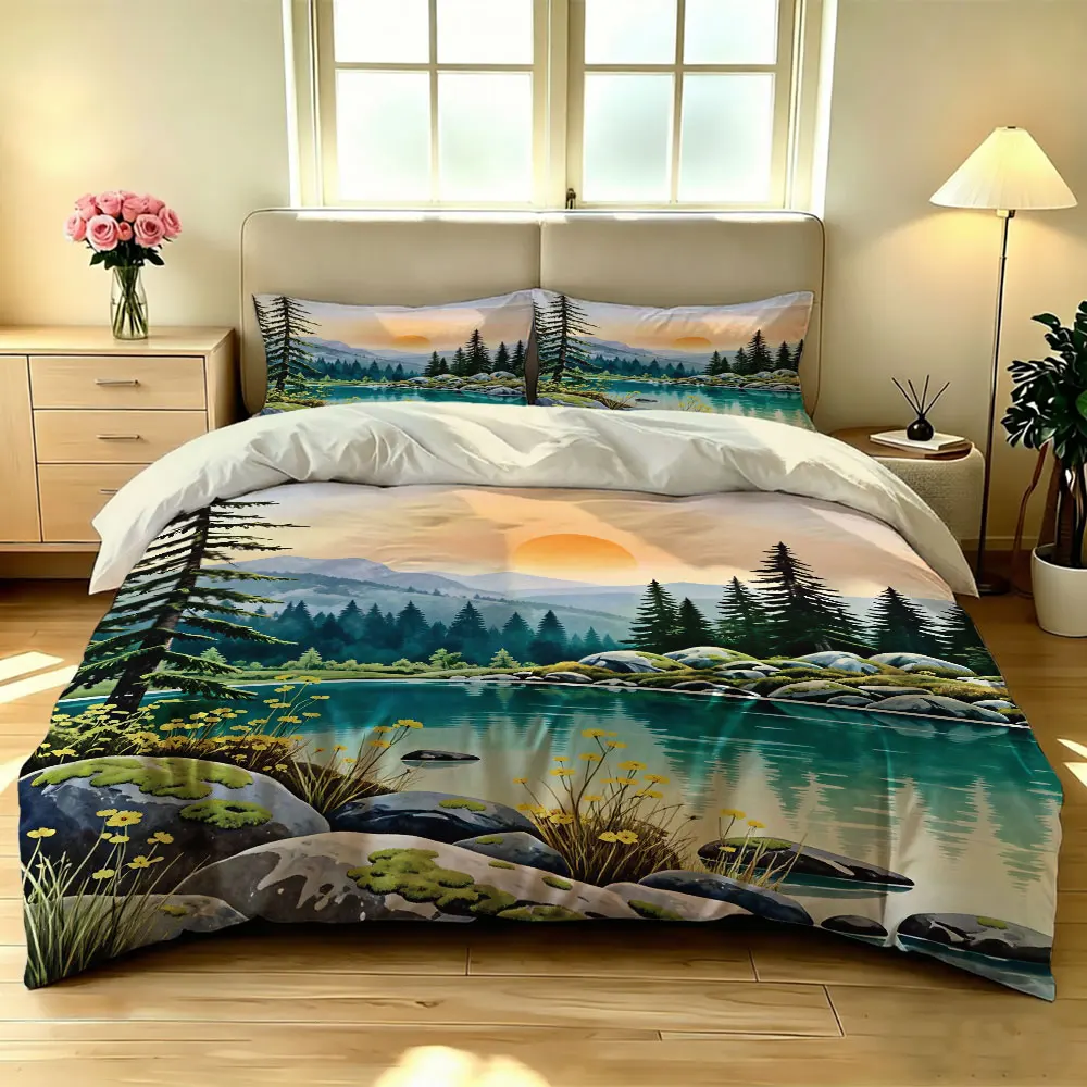 3-piece Sun Lake Sunset Landscape Printed Bedding Set with Soft Coreless Duvet Cover Cover Machine Washable