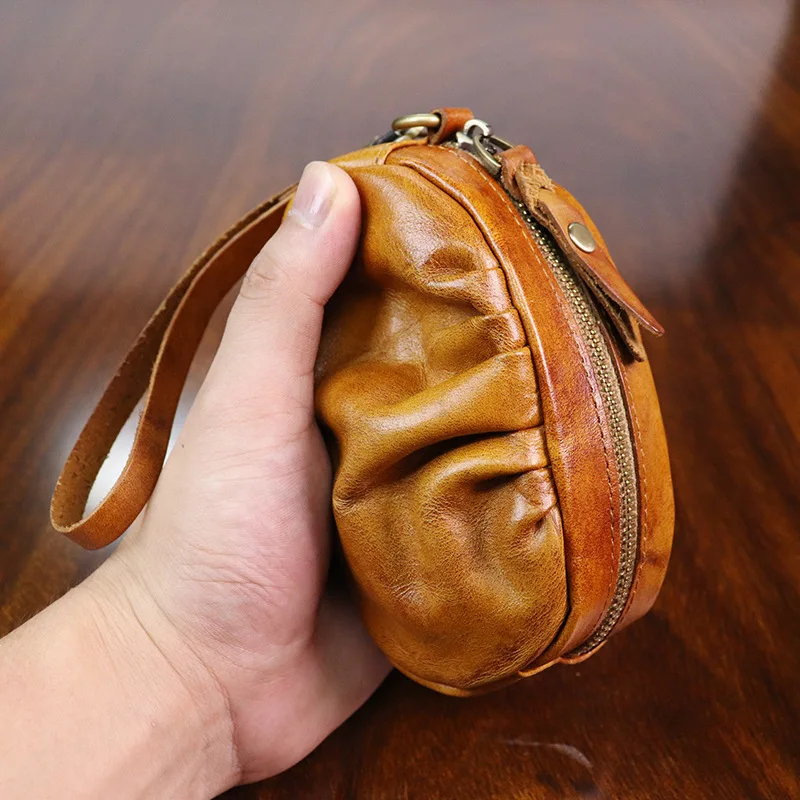 

Minimally Casual Vintage Vegetable Tanned Leather Hand Wiped Pleated Women's Coin Purse Multifunctional Small Item Storage Bag