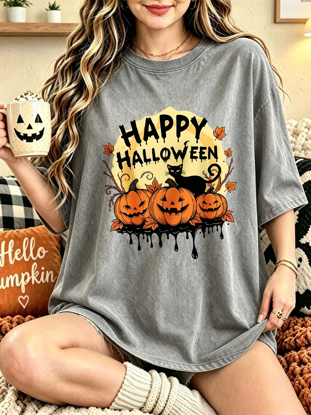 Happy Halloween Kürbisse bedruckte, gewaschene T-Shirts, Damen-Baumwoll-Tops mit kurzen Ärmeln, lässige Oversize-T-Shirts mit Rundhalsausschnitt, Sommerkleidung – Detail 12