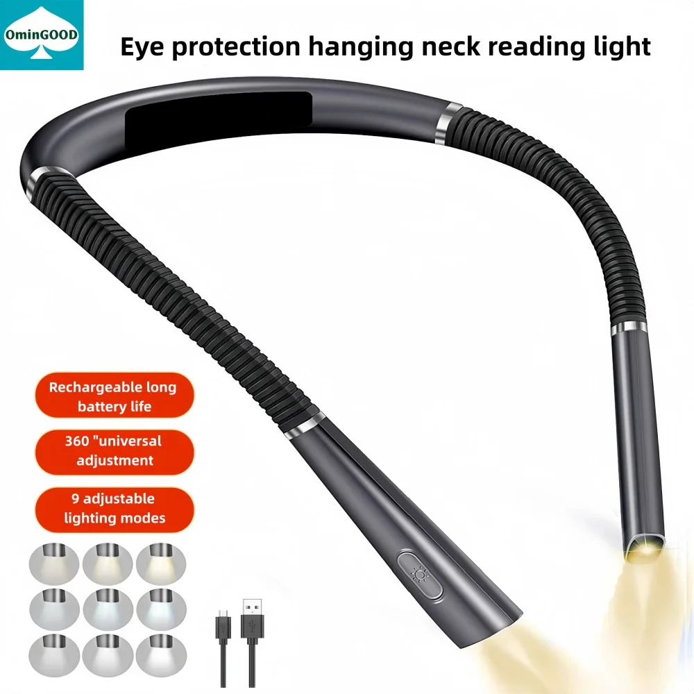 

Светодиодный светильник для чтения на шею, 3 цвета, 6 уровней яркости, регулируемый на 360 градусов, перезаряжаемый для чтения, плетения