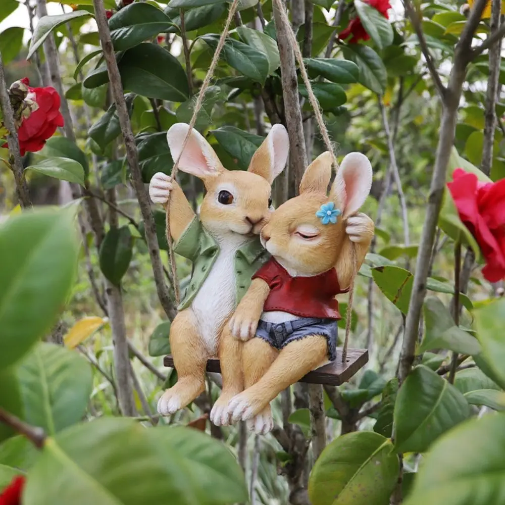 Resin Swing Couple Rabbit Ornament Cute Cartoon Animal Sculpture Waterproof Creative Bunny Statue Pendant Valentine's Day