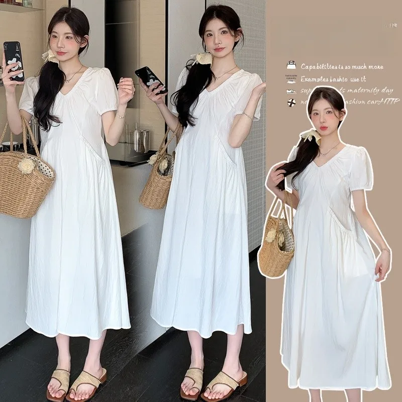 maternity-dress-summer-2025-v-neck-long-bubble-sleeve-fashion-design-slimming-gentle-women's-long-skirt-casual-elegant
